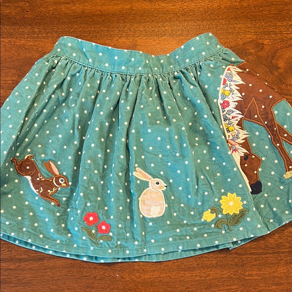 Mini Boden Teal Skirt with Animal and Floral Appliqué
